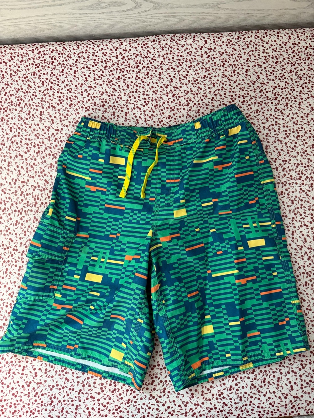 Green Geometric Swim Shorts with Yellow Drawstring